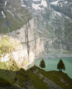 Scenic mountain views while hiking in the swiss mountains in summer. shot on kodak portra 400 film.