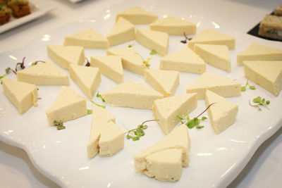 High angle view of cheese in plate