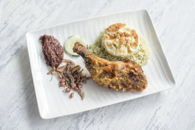 High angle view of food in plate on table