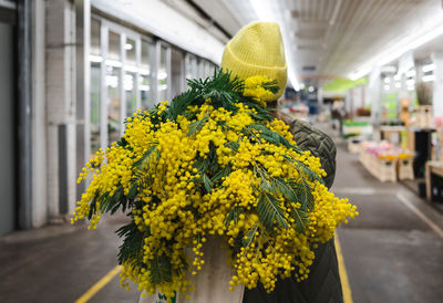 Woman in yellow cap and large bouquet of mimosa flowers at flower market