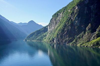 Scenic view of lake by mountains against sky