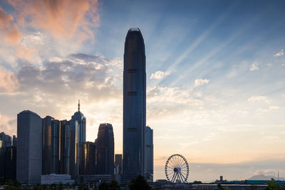 View of modern buildings against cloudy sky