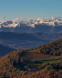 Scenic view of field and mountains against sky