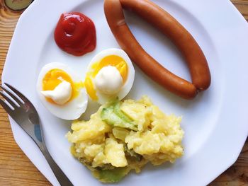 High angle view of breakfast served on table