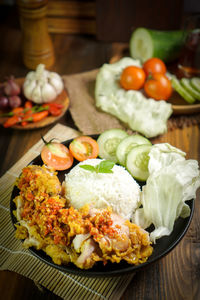 High angle view of food served in plate