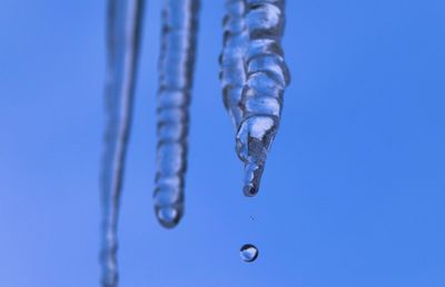 Close-up of ice crystals against blue sky