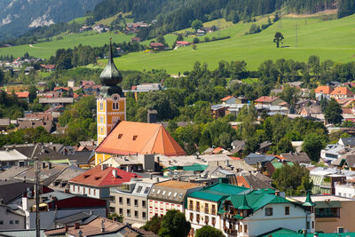 High angle view of houses in town