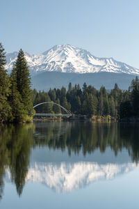 Mount shasta reflection with an arched bridge in the foreground
