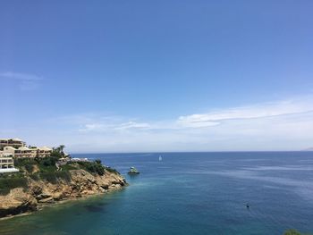 High angle view of sea against blue sky