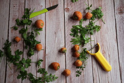 High angle view of chopped fruits on table