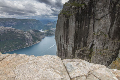 Scenic view of rocks and mountains against sky