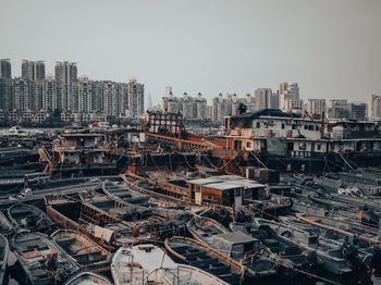 High angle view of buildings against clear sky