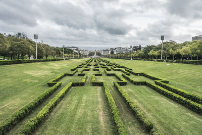 View of eduardo vii park with labyrinth in lisbon, portugal on a cloudy day