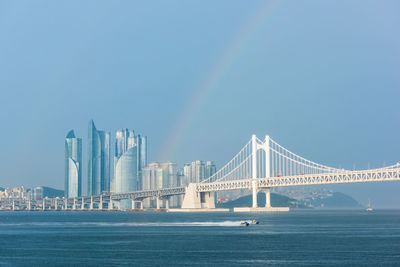 View of suspension bridge in city