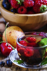 High angle view of strawberries in glass bowl on table