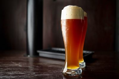 Beer glasses on table