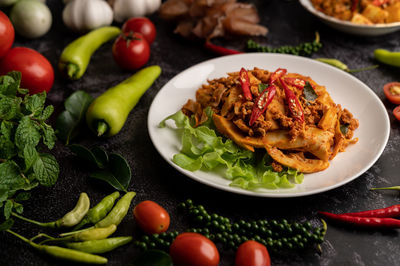 High angle view of salad in plate on table