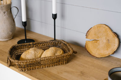 Bread in the basket. a loaf in the kitchen, homemade cakes. delicious flour products