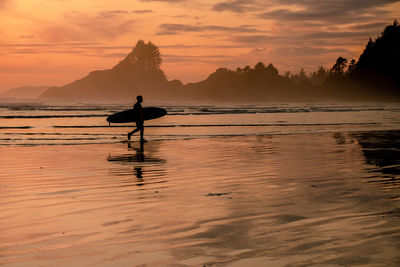 Silhouette man on beach against sky during sunset