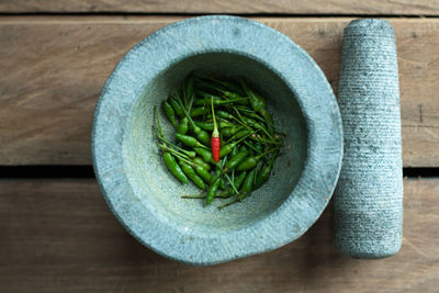 High angle view of vegetables in bowl on table