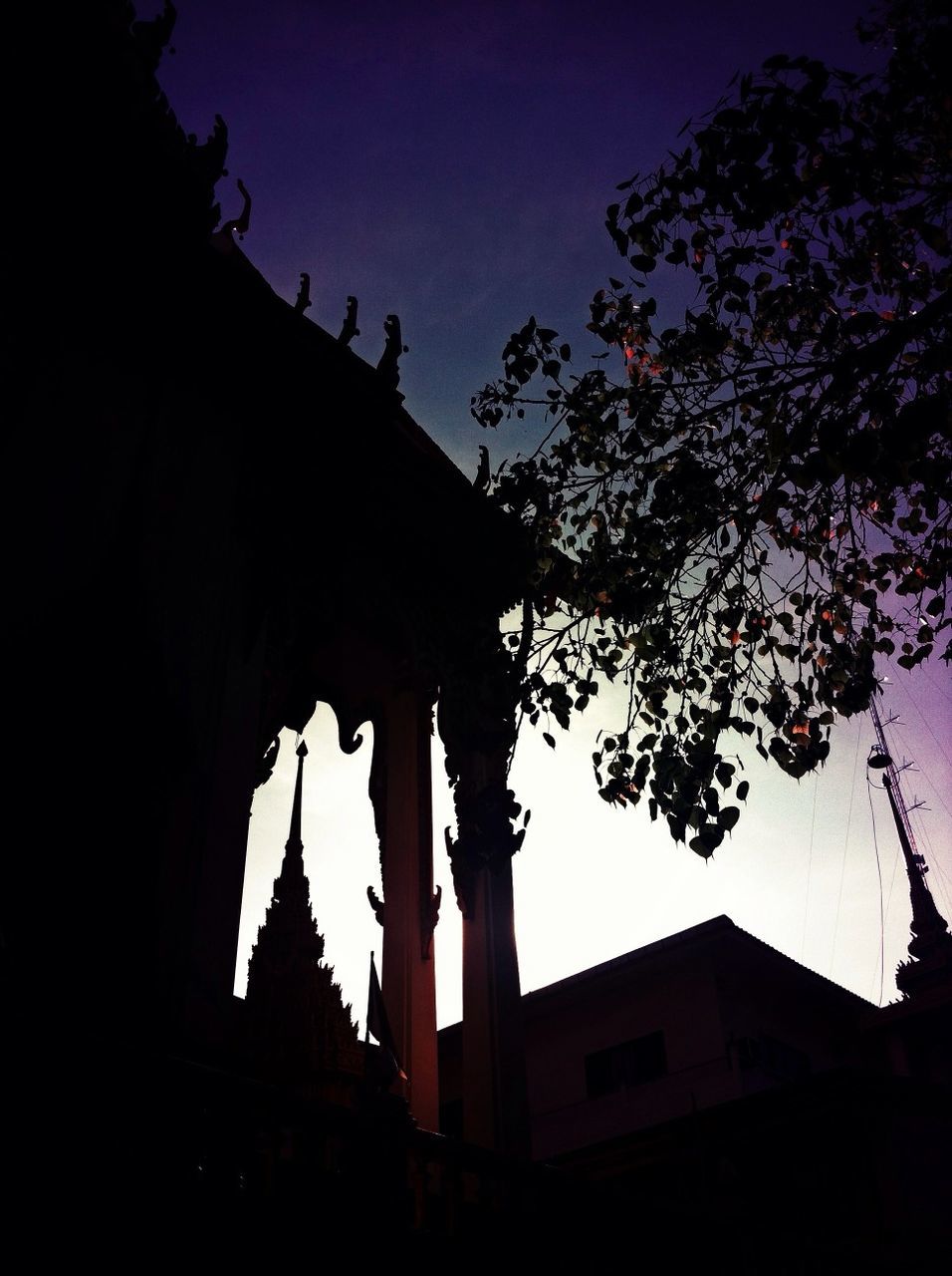 low angle view, architecture, built structure, building exterior, silhouette, tree, clear sky, sky, religion, place of worship, spirituality, dusk, outdoors, temple - building, growth, no people, history, night, nature, building