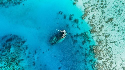 Aerial view of shipwreck in sea