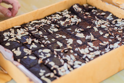 High angle view of chocolate cake in container