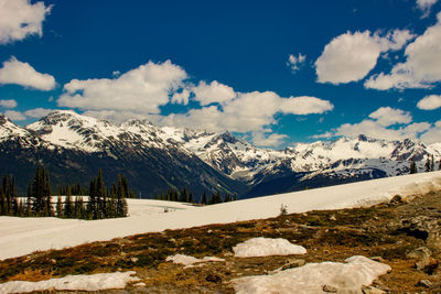 Scenic view of snowcapped mountains against sky