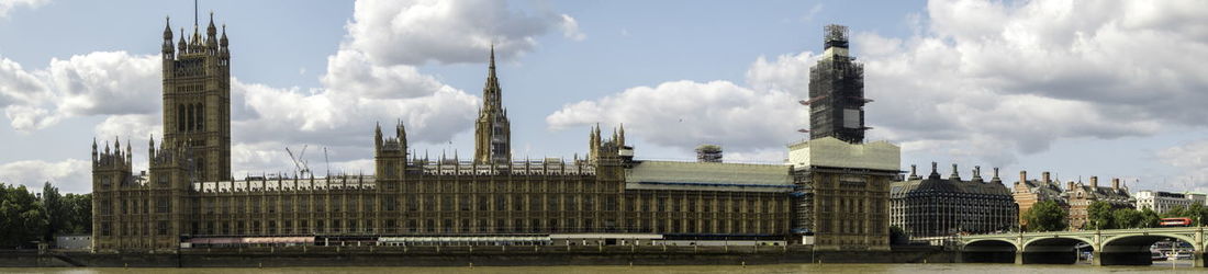 Panoramic view of buildings against cloudy sky