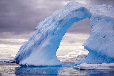 Scenic view of iceberg in sea against cloudy sky