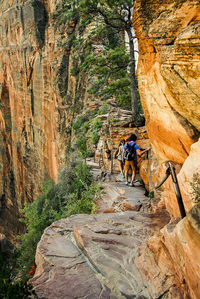 People riding bicycle on rock formation in forest