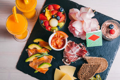 High angle view of breakfast on table