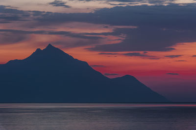 Silhouette mountain by sea against sky during sunset