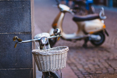 Close-up of bicycle in basket on street