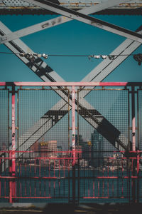 Low angle view of suspension bridge against sky