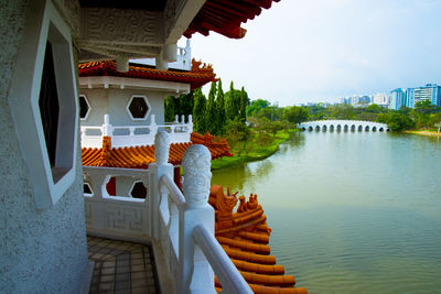 Temple by building against sky