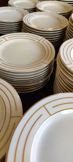 High angle view of plates on table