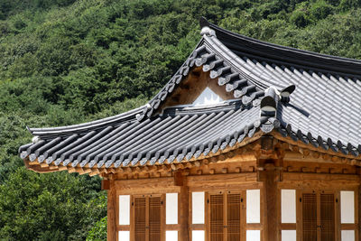 Exterior of a buddhism temple against mountain 