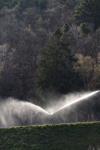 Agricultural sprinkler on field against trees during sunny day