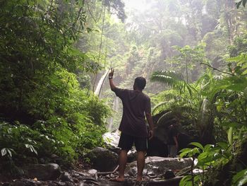 Rear view of man showing peace sign amidst trees in forest