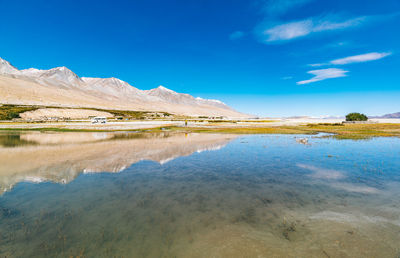 Scenic view of lake against blue sky