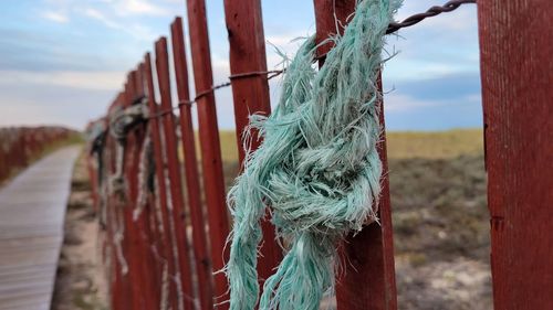 Close-up of rope tied to wooden post