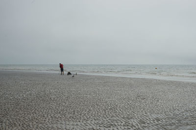 People walking on beach against sky