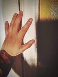 Cropped image of hand touching glass window at home