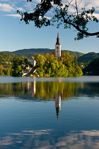 Reflection of building on lake against sky