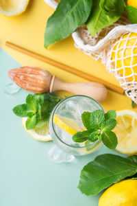 High angle view of fruits and leaves on table