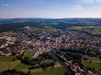 High angle view of townscape against sky