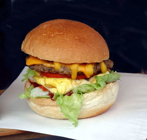 Close-up of burger on table