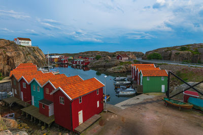 High angle view of houses and buildings against sky