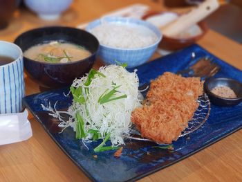 High angle view of food in plate on table